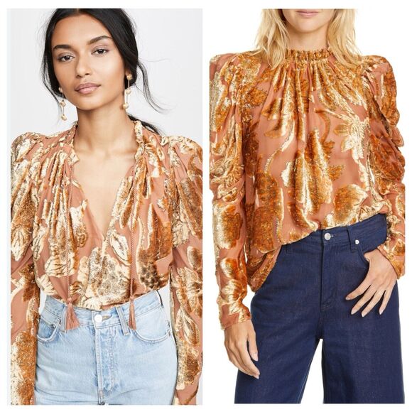 ULLA Johnson Camilla Devor Chiffon Gold Metallic Velvet Floral Blouse Top Sz 4 - Picture 1 of 7